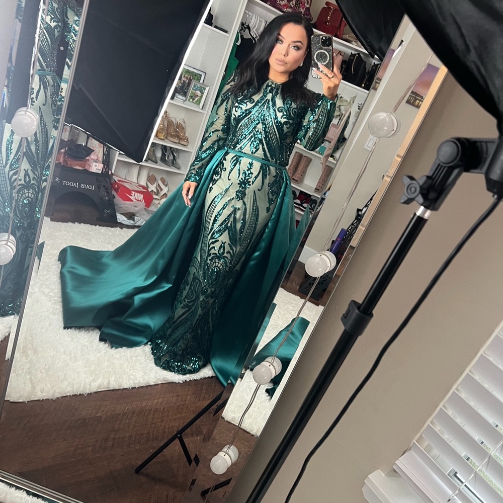 Emerald Beaded Long Sleeve Evening Gown